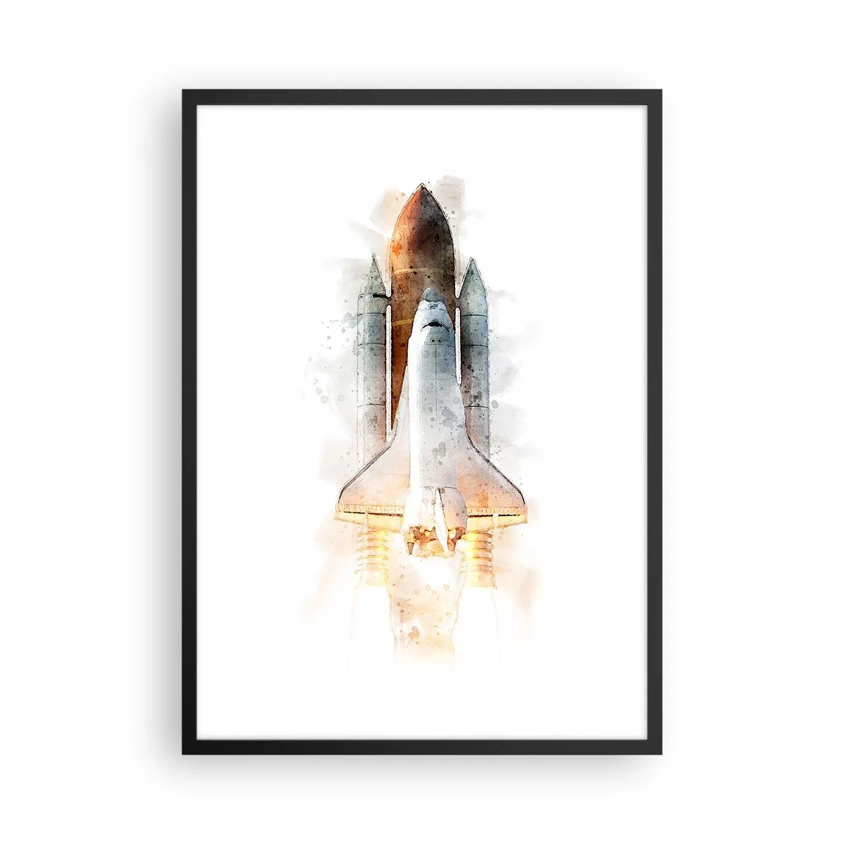 Plakat i sort ramme - Akvarellignende rumfærge letter - 50x70cm - Opdagelsesrejsende i starten - Moderne vægdekoration til stue og soveværelse ARTTOR