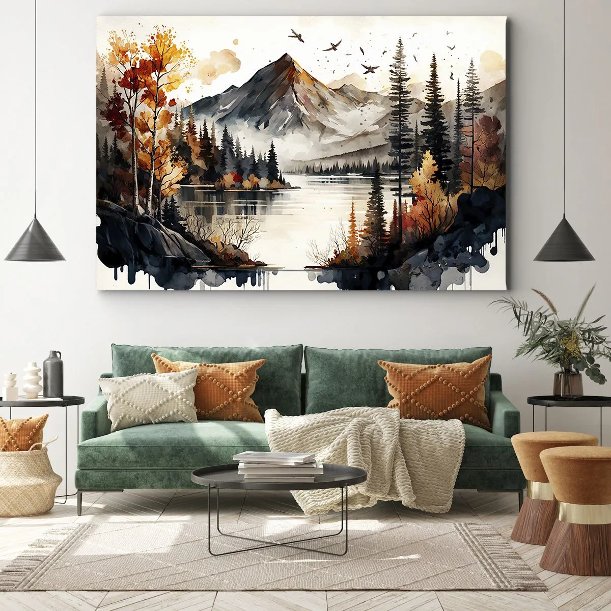 Lærredstryk - Billede på lærred - Efterårsbjerglandskab med sø og træer i akvarel - 70x50cm - Gyldent efterår i bjergene - Moderne vægdekoration til stue og soveværelse ARTTOR