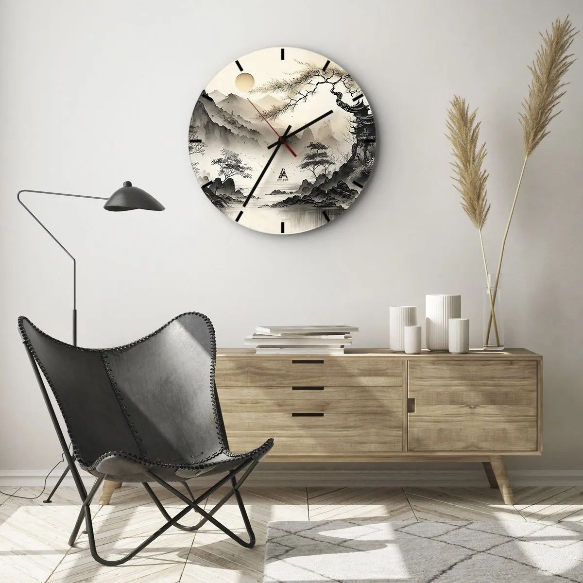Vægur, Uret - Kinesisk blækmaleri af et bjerglandskab med en pagode og en tåget dal - 30x30cm - Orientens unikke charme - Moderne vægdekoration til stue, køkken og soveværelse ARTTOR