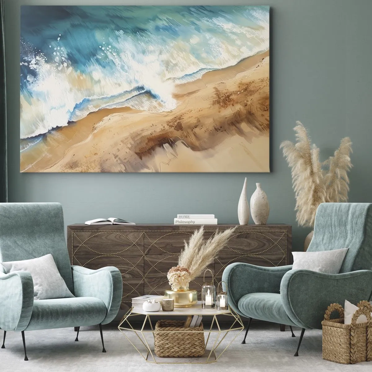 Lærredstryk - Billede på lærred - En havbølge, der slår mod sandstranden - 70x50cm - Tilbagevendende bølge - Moderne vægdekoration til stue og soveværelse ARTTOR