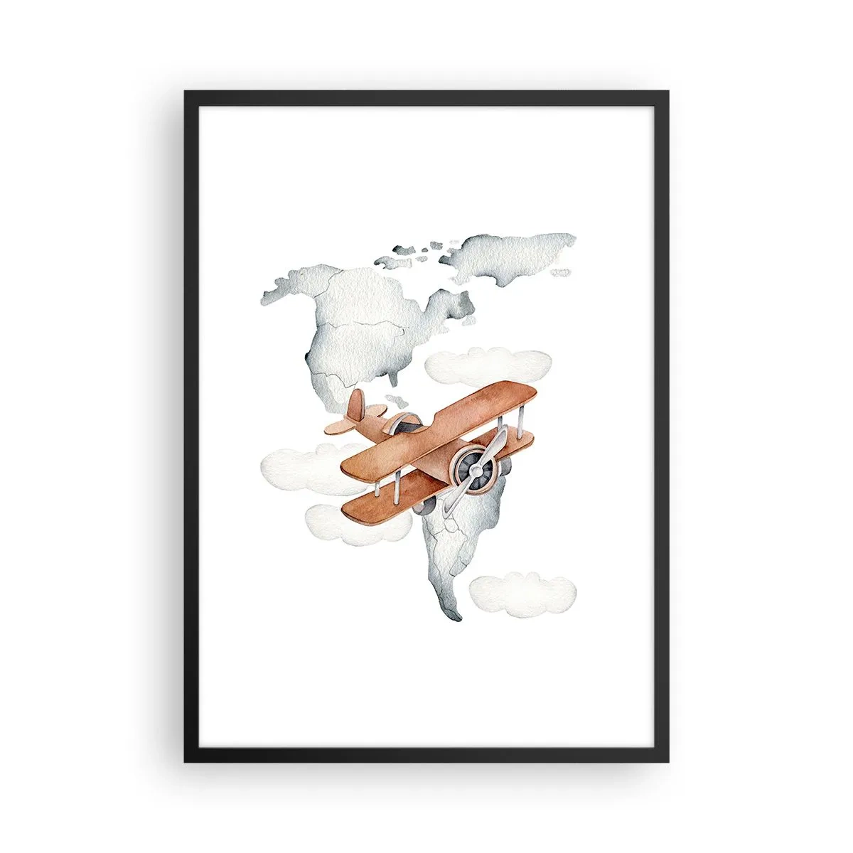 Plakat i sort ramme - En biplan over et verdenskort i skyerne - 50x70cm - I den banebrydende ånd - Moderne vægdekoration til stue og soveværelse ARTTOR
