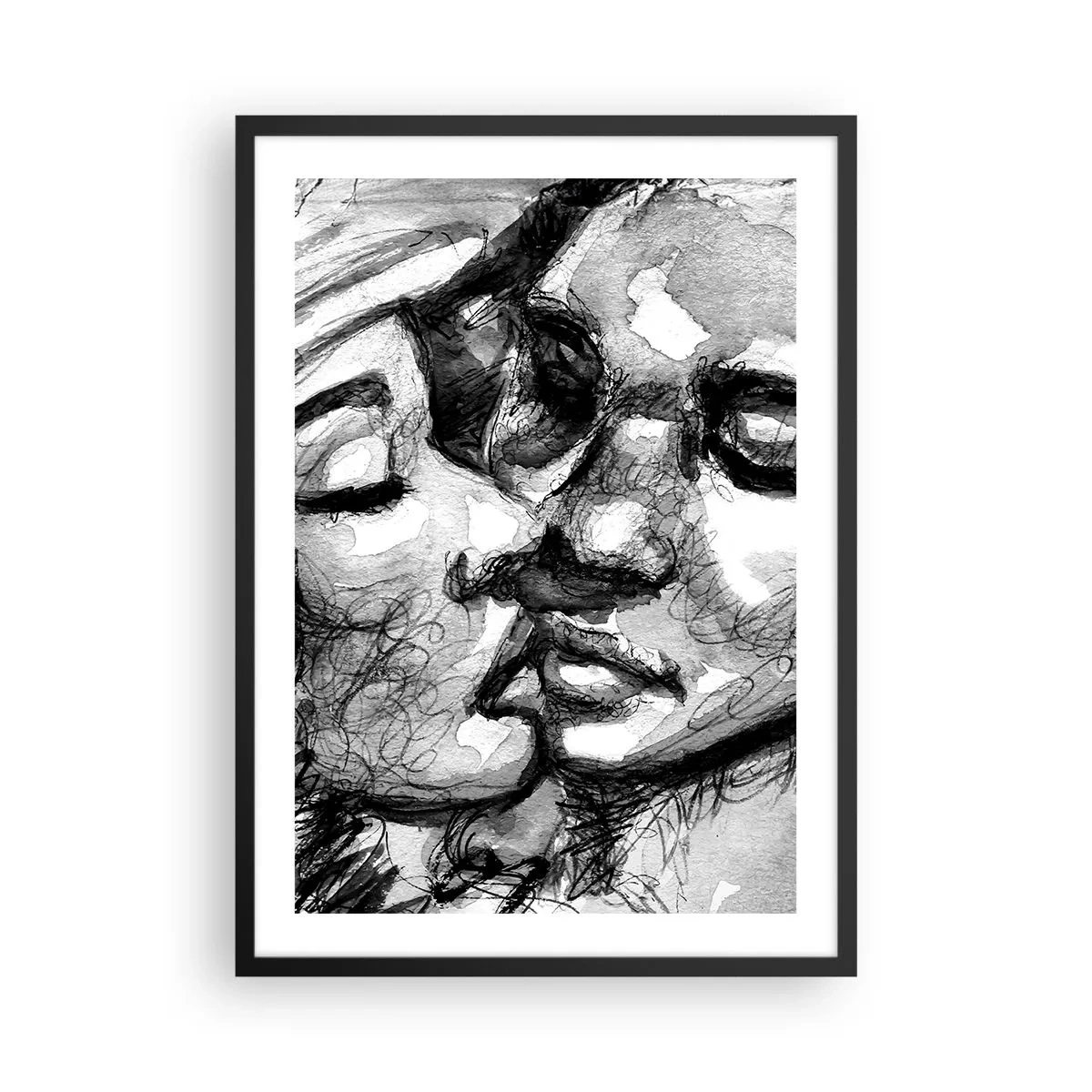 Plakat i sort ramme - Abstrakt sort-hvidt portræt af et kys - 50x70cm - Et ømt øjeblik - Moderne vægdekoration til stue og soveværelse ARTTOR