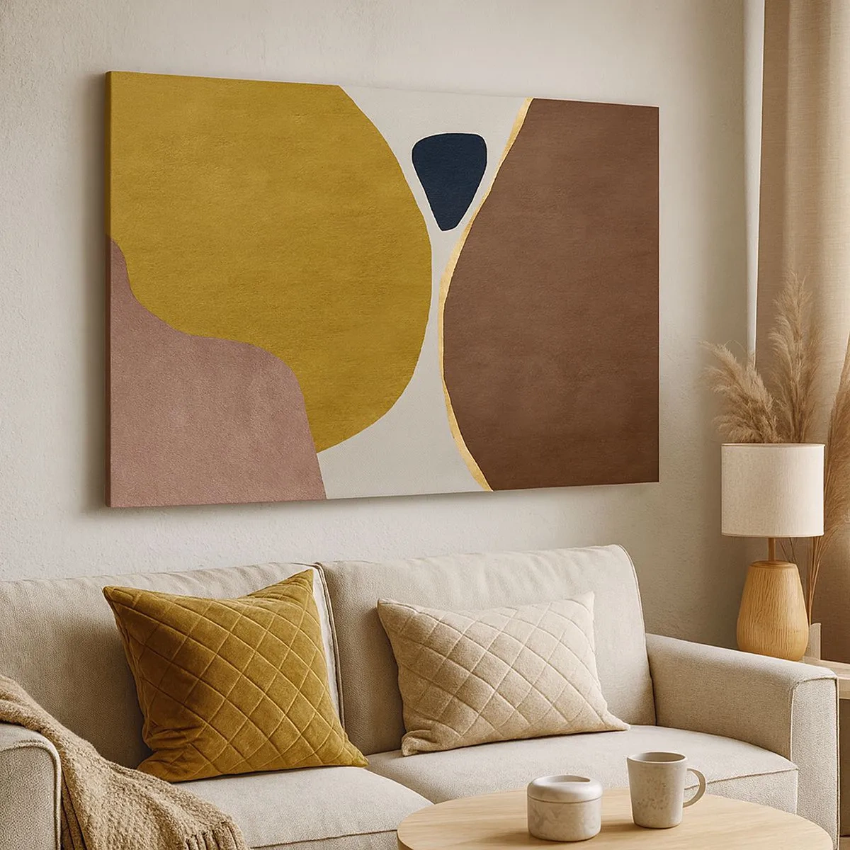 Lærredstryk - Billede på lærred - En abstrakt komposition med geometriske former i varme farver. - 70x50cm - Abstraktion - et sted i rummet - Moderne vægdekoration til stue og soveværelse ARTTOR