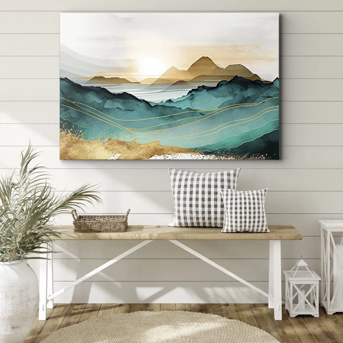 Lærredstryk - Billede på lærred - Abstrakt landskab med bjerge og gyldne accenter - 70x50cm - På grænsen til abstraktion - landskab - Moderne vægdekoration til stue og soveværelse ARTTOR
