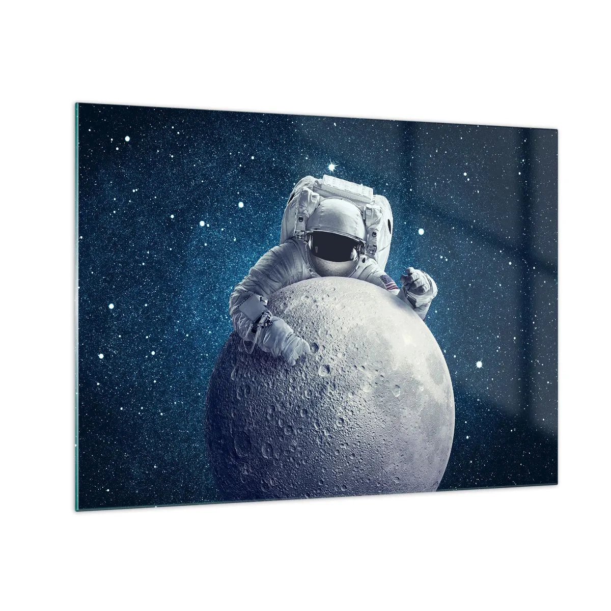 Billede på glas - Astronaut krammer månen mod en stjerneklar himmel - 70x50cm - Kosmisk spøgefugl - Moderne vægdekoration til stue og soveværelse ARTTOR