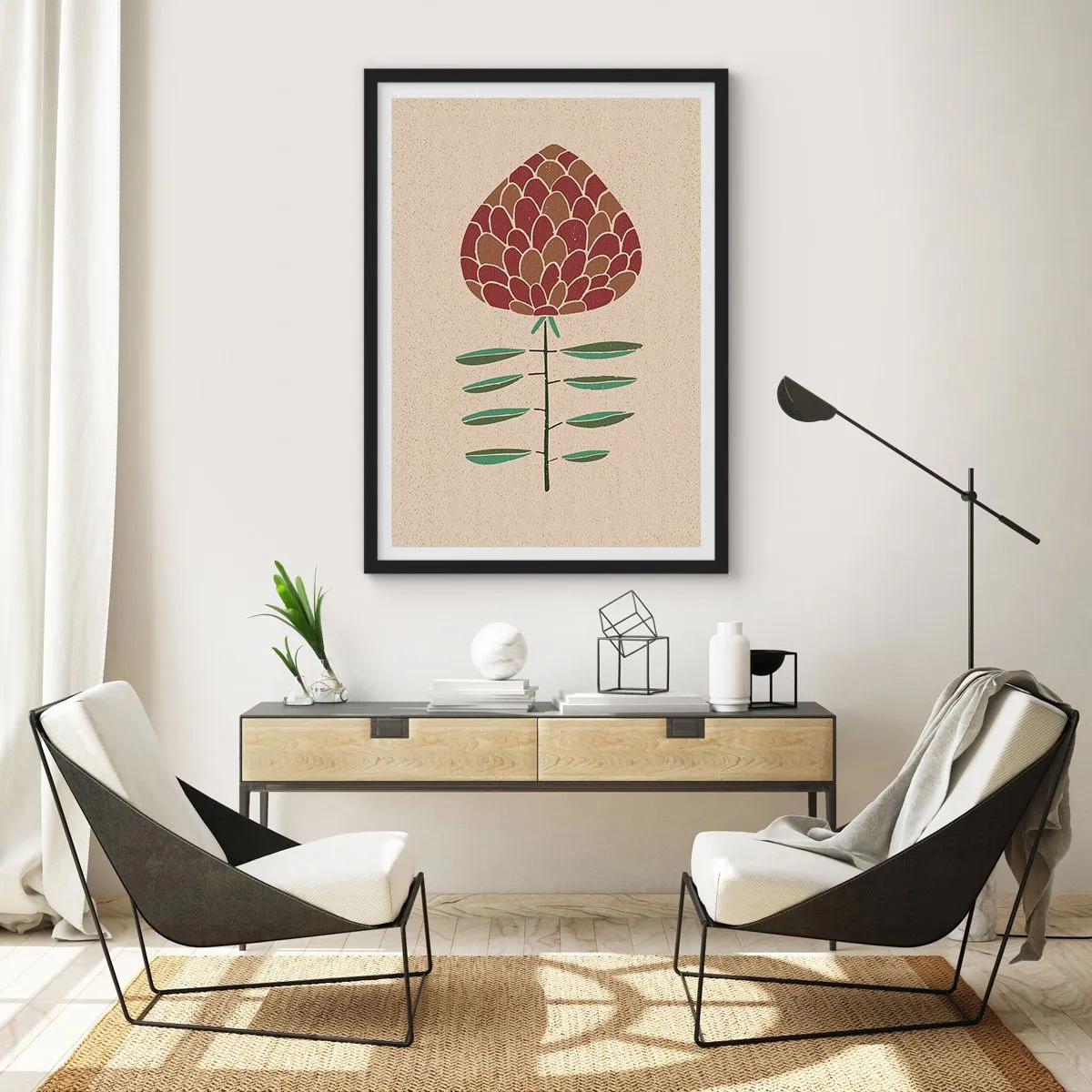Plakat i sort ramme - Abstrakt blomst i varme farver på en beige baggrund - 50x70cm - Som en stor pind - Moderne vægdekoration til stue og soveværelse ARTTOR