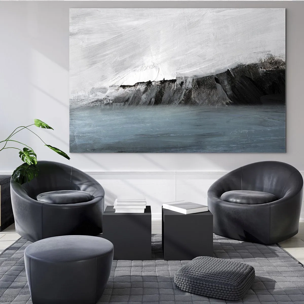 Billede på glas - Abstrakt komposition i nuancer af blå, hvid og sort - 70x50cm - Vand - jord: et sammenstød mellem elementerne - Moderne vægdekoration til stue og soveværelse ARTTOR
