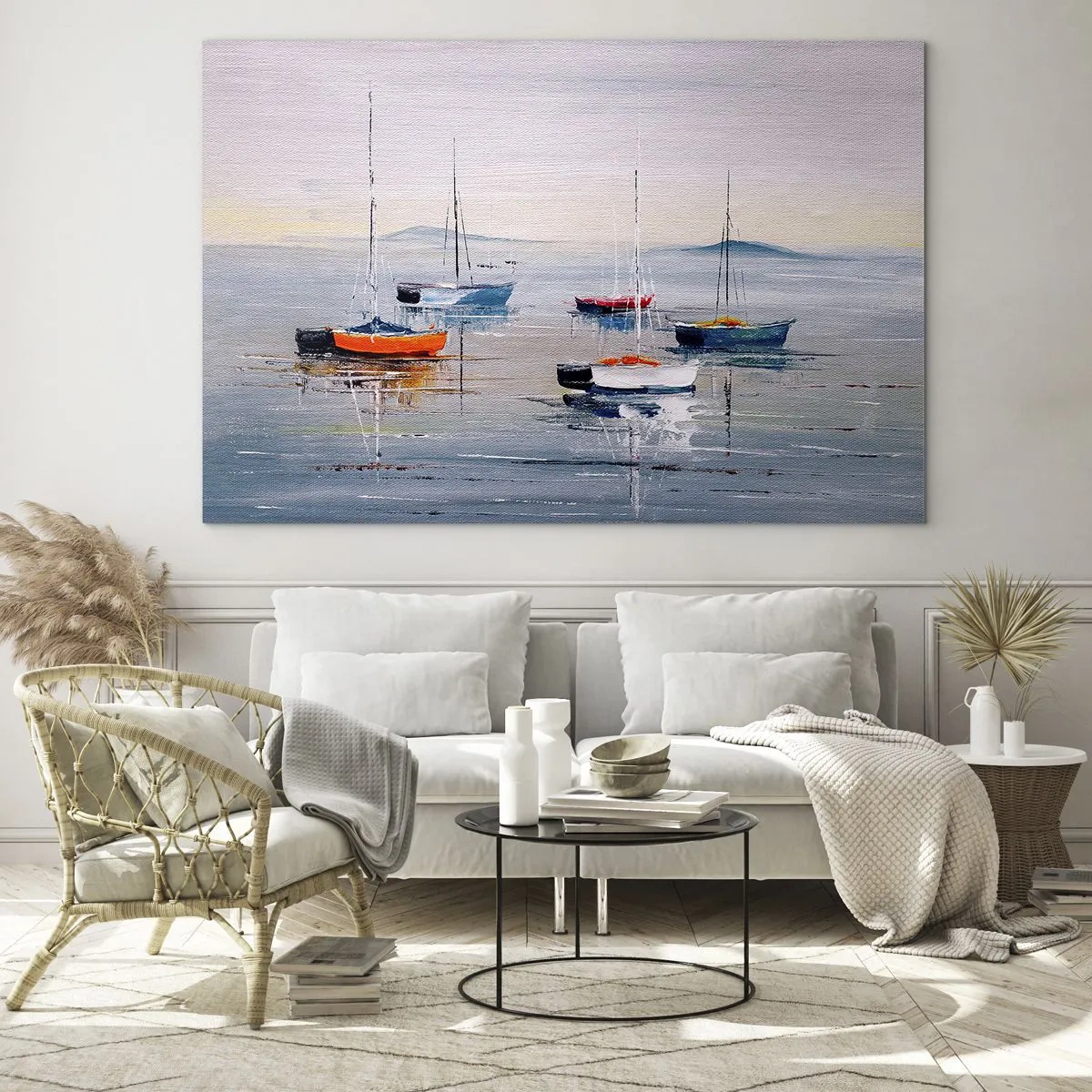 Billede på glas - Farverige både driver på det rolige vand ved solnedgang - 70x50cm - Et velfortjent hvil - Moderne vægdekoration til stue og soveværelse ARTTOR