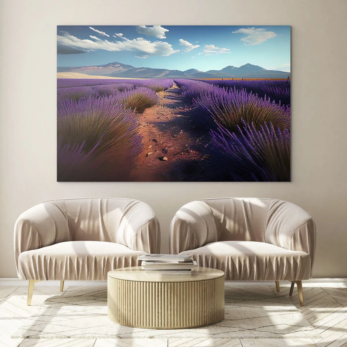 Billede på glas - Lavendelmarker ved solnedgang med udsigt over bjergene - 70x50cm - Duftende marker - Moderne vægdekoration til stue og soveværelse ARTTOR