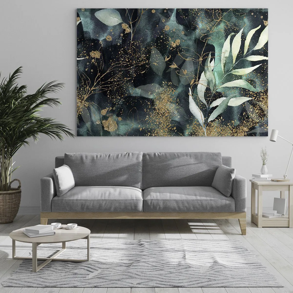 Billede på glas - Guld og grønne blade på en mørk baggrund - 70x50cm - Fortryllet have - Moderne vægdekoration til stue og soveværelse ARTTOR