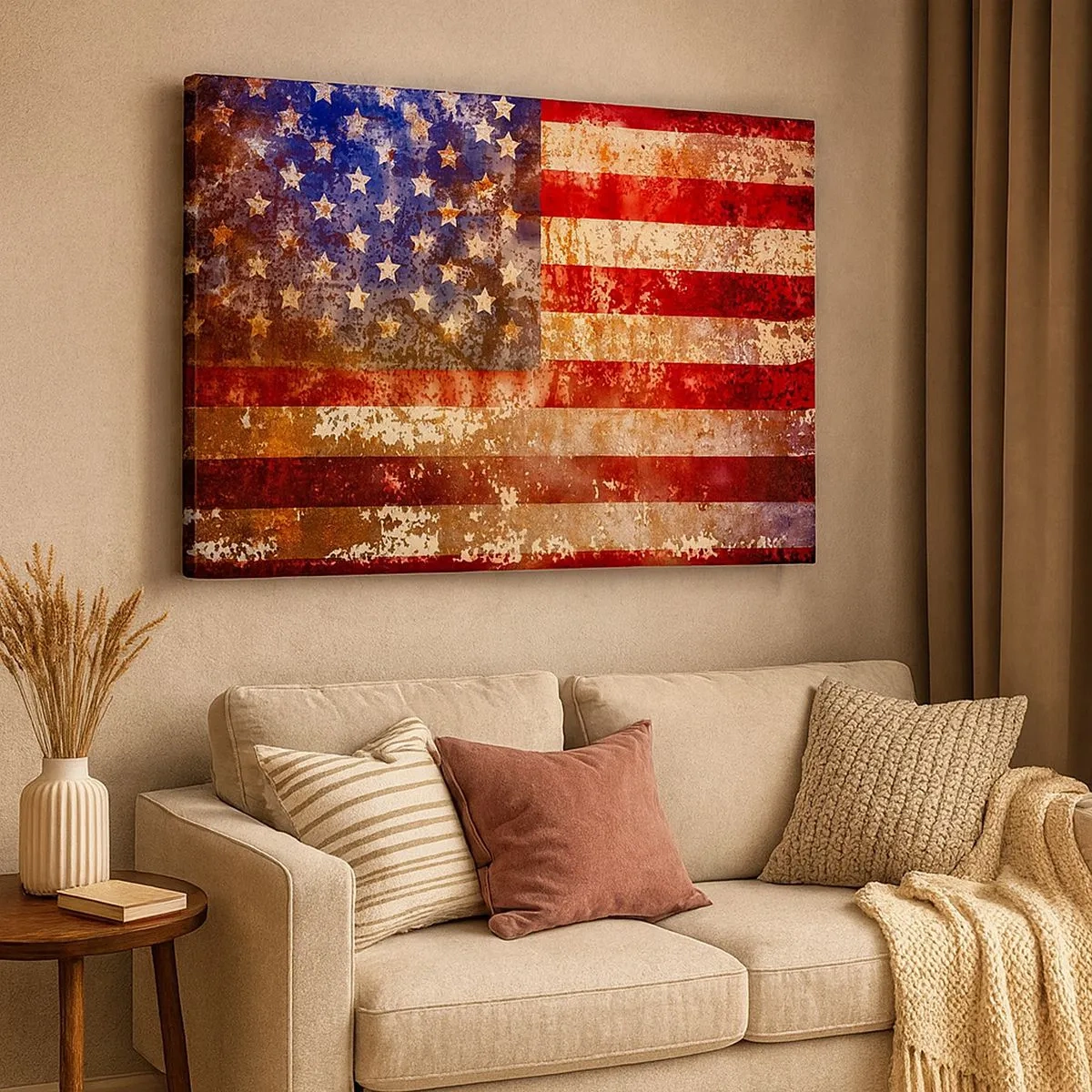 Lærredstryk - Billede på lærred - Stiliseret amerikansk flag med en ældet effekt - 70x50cm - Herlighed går ikke bort - Moderne vægdekoration til stue og soveværelse ARTTOR
