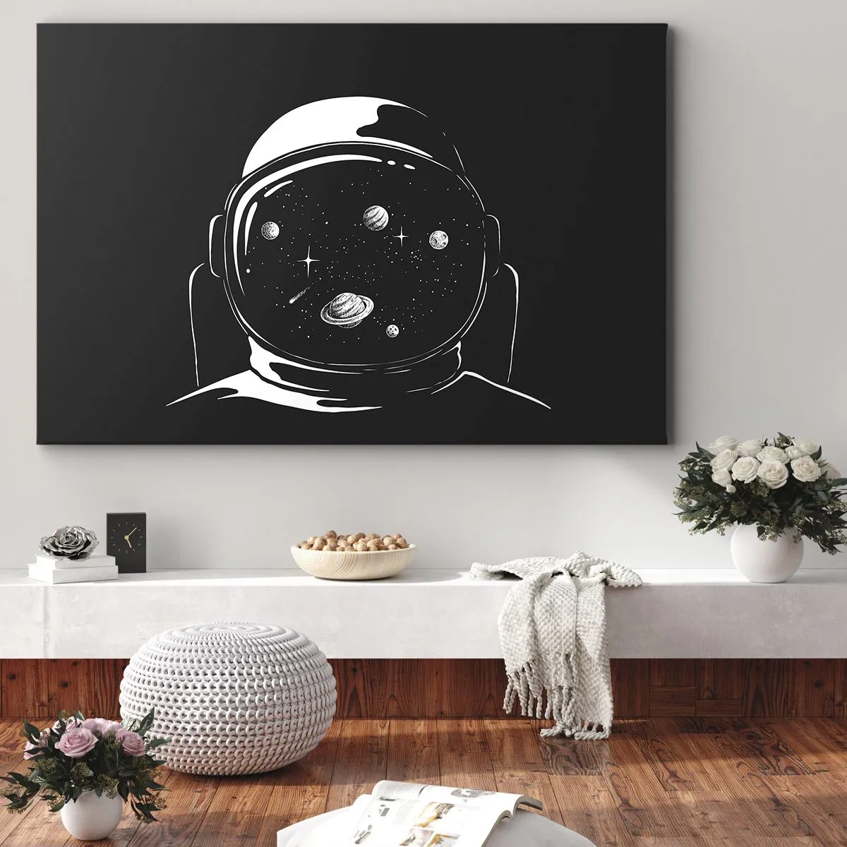 Lærredstryk - Billede på lærred - En minimalistisk astronauthjelm med udsigt over rummet - 70x50cm - Flot udsigt - Moderne vægdekoration til stue og soveværelse ARTTOR