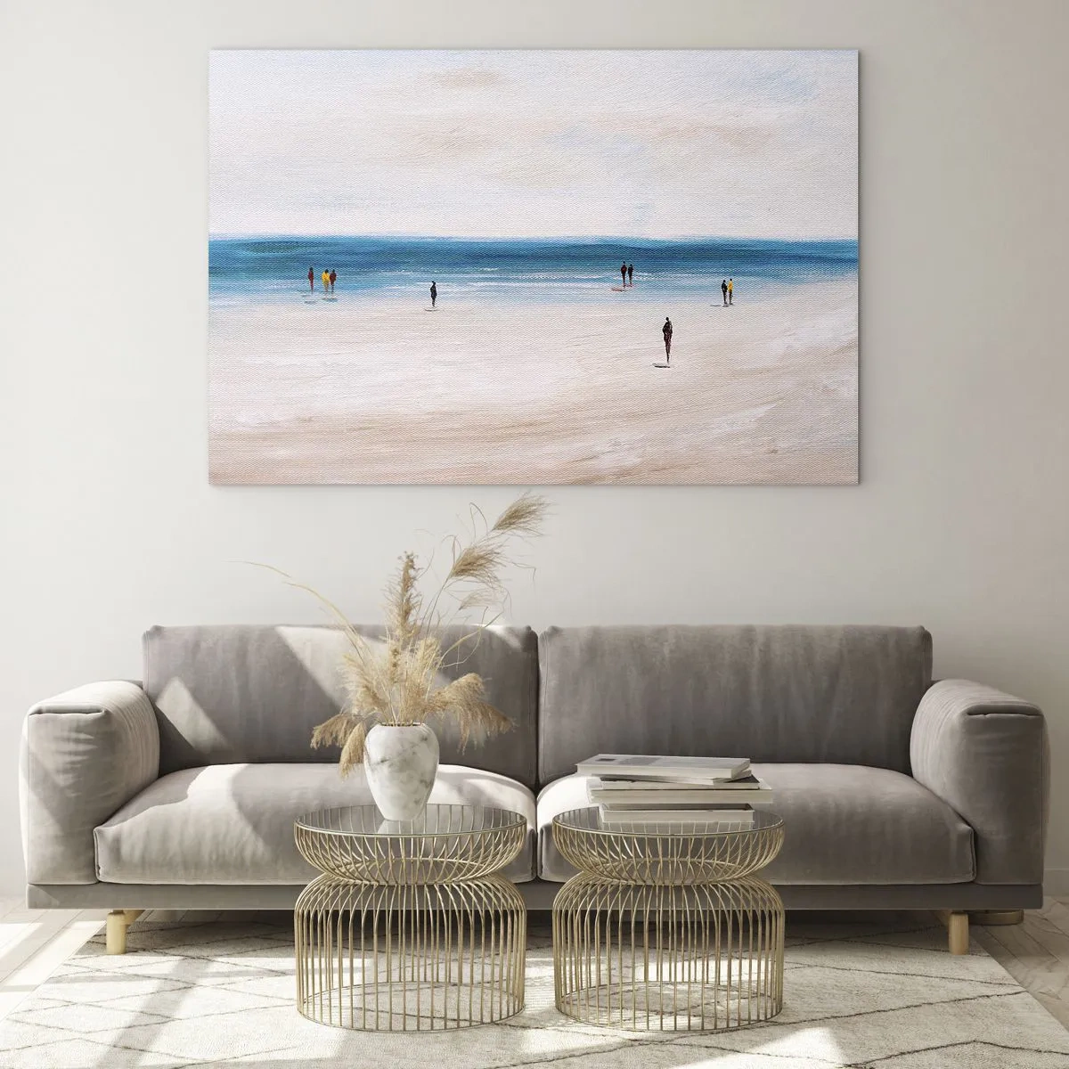 Billede på glas - En stille strand med silhuetter af mennesker, der går langs havlinjen - 70x50cm - Et naturligt behov - Moderne vægdekoration til stue og soveværelse ARTTOR