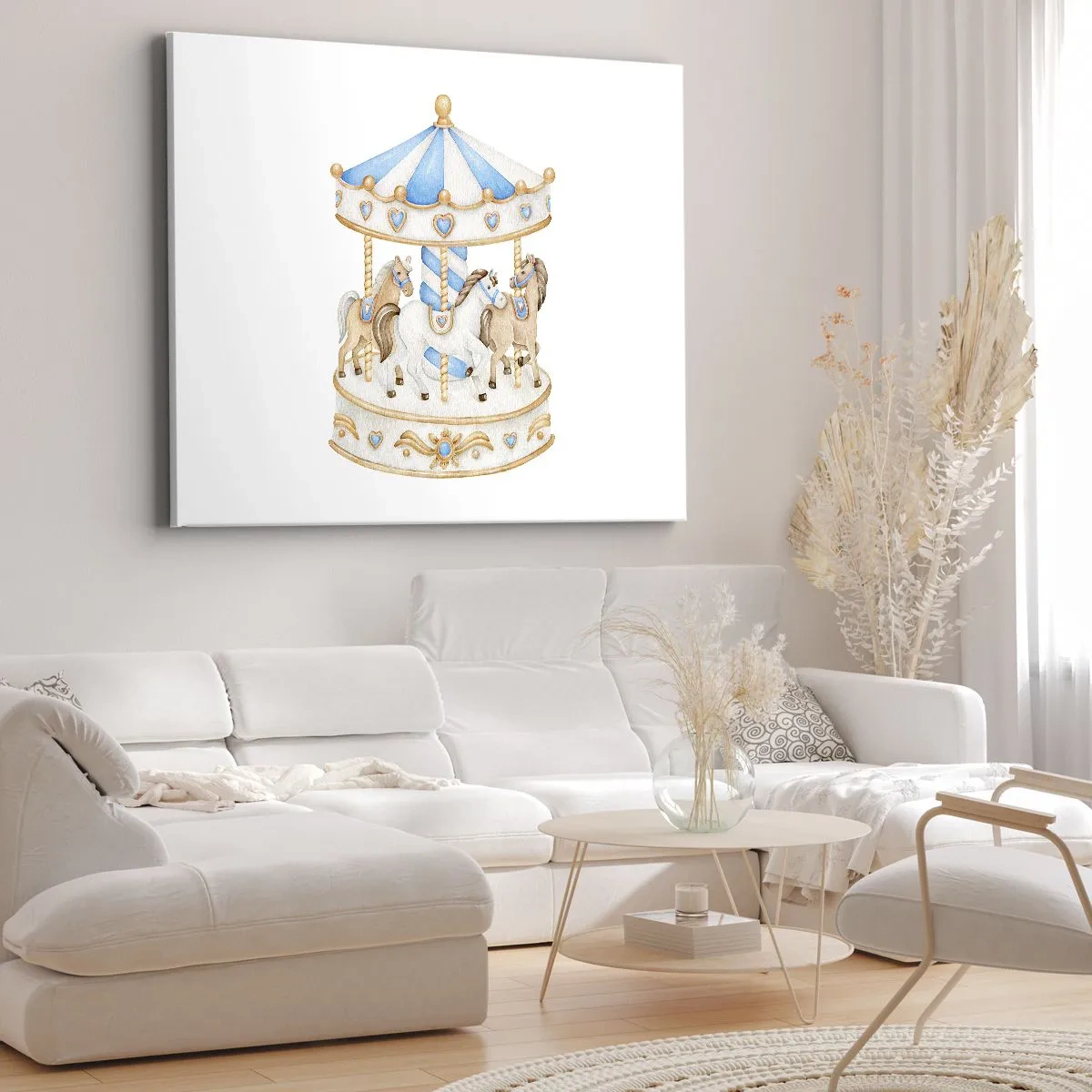 Lærredstryk - Billede på lærred - En karrusel i pastelfarver på en hvid baggrund - 70x50cm - Sød barndom - Moderne vægdekoration til stue og soveværelse ARTTOR