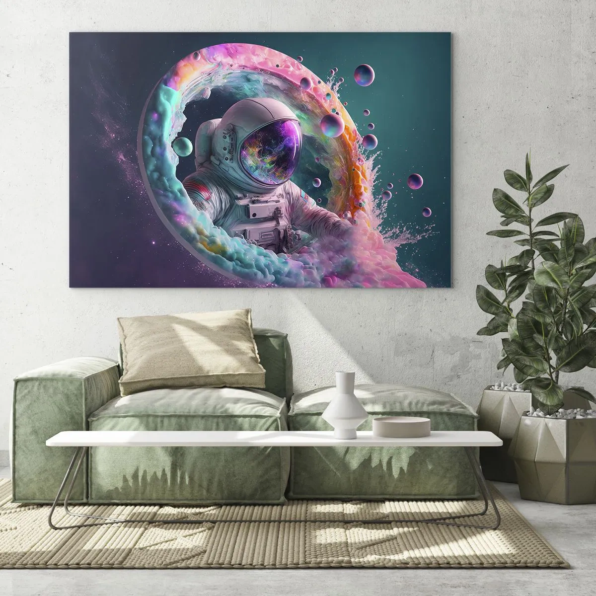 Billede på glas - Astronaut i farverigt rum - 70x50cm - Stjerneport - Moderne vægdekoration til stue og soveværelse ARTTOR