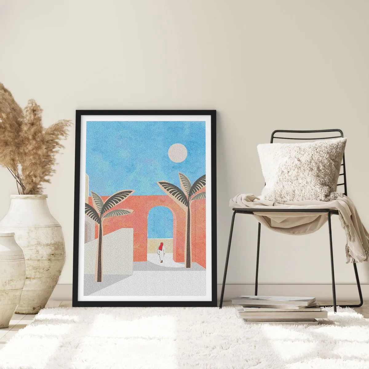 Plakat i sort ramme - Minimalistisk landskab med palmer og en bue - 50x70cm - En arabisk dag - Moderne vægdekoration til stue og soveværelse ARTTOR