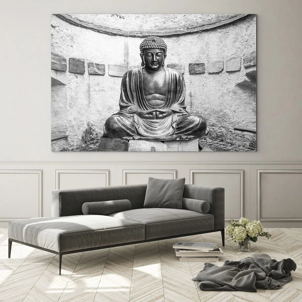 Billede på glas - Sort-hvid statue af Buddha i en meditativ positur - 70x50cm - Ved fredens kilde - Moderne vægdekoration til stue og soveværelse ARTTOR