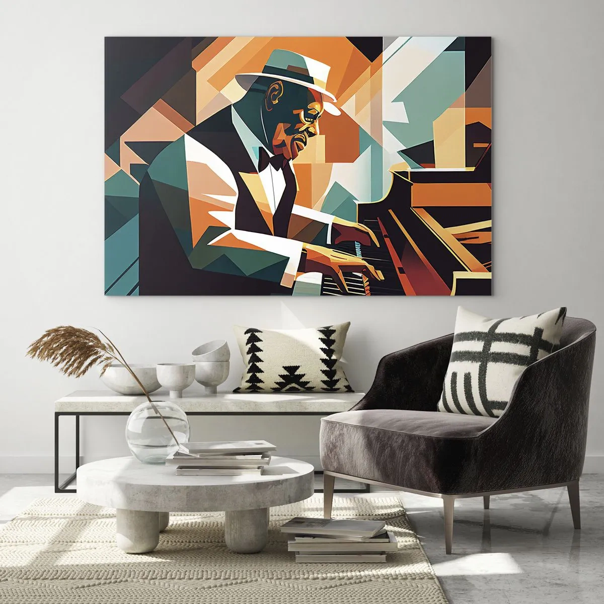 Billede på glas - Et farverigt portræt af en jazz-inspireret pianist - 70x50cm - Alt det jazz - Moderne vægdekoration til stue og soveværelse ARTTOR