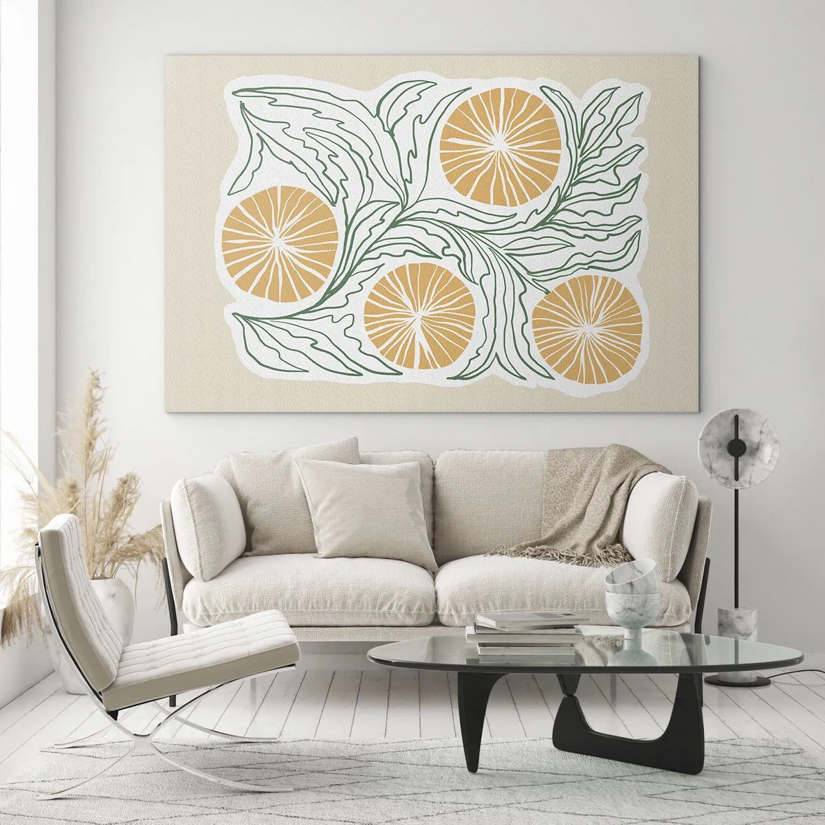Billede på glas - Orange frugter og grønne blade i en grafisk komposition - 70x50cm - Etnisk med et strejf af abstraktion - Moderne vægdekoration til stue og soveværelse ARTTOR