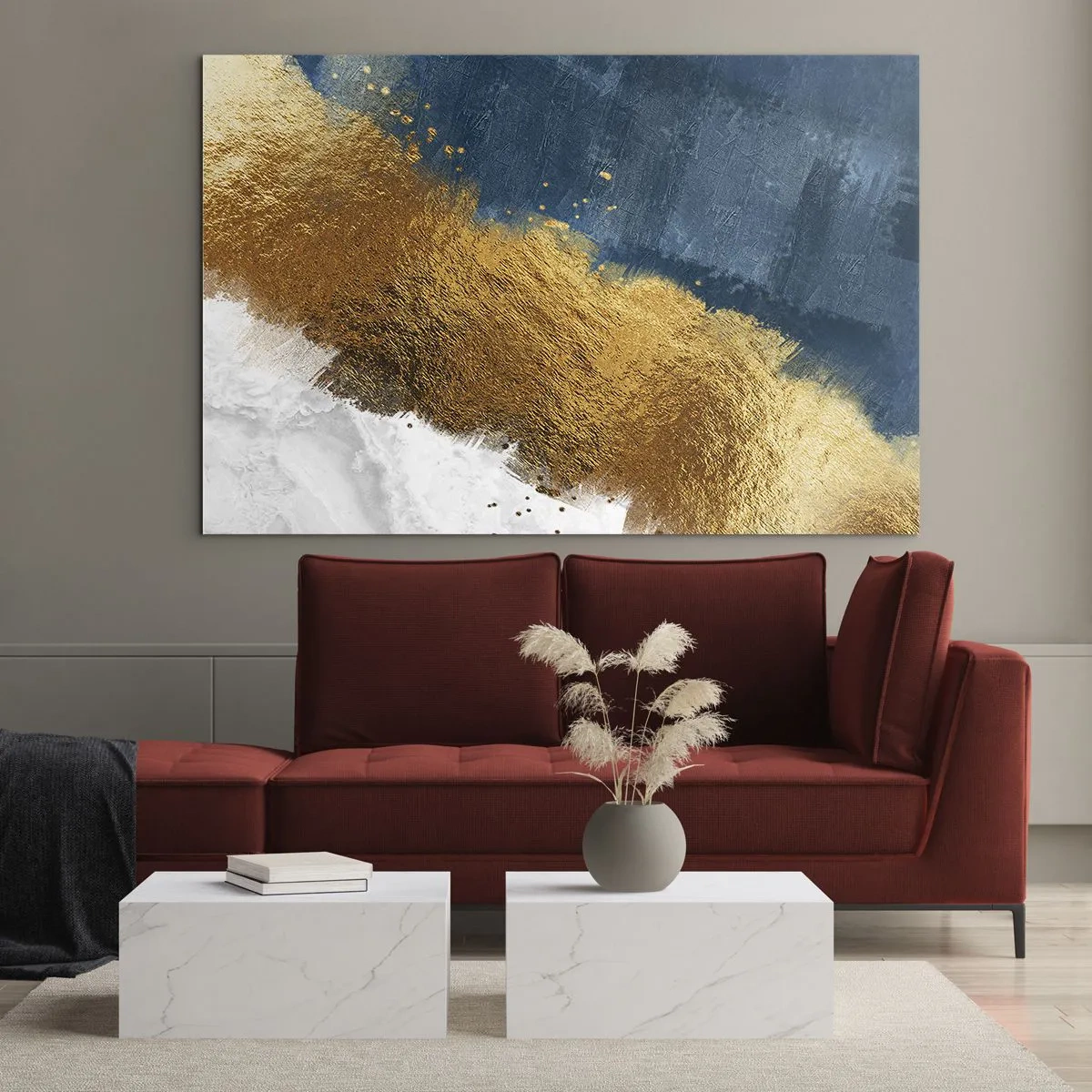 Billede på glas - Guldmalingsstrøg på en marineblå og hvid baggrund - 70x50cm - Sommerens farver - Moderne vægdekoration til stue og soveværelse ARTTOR