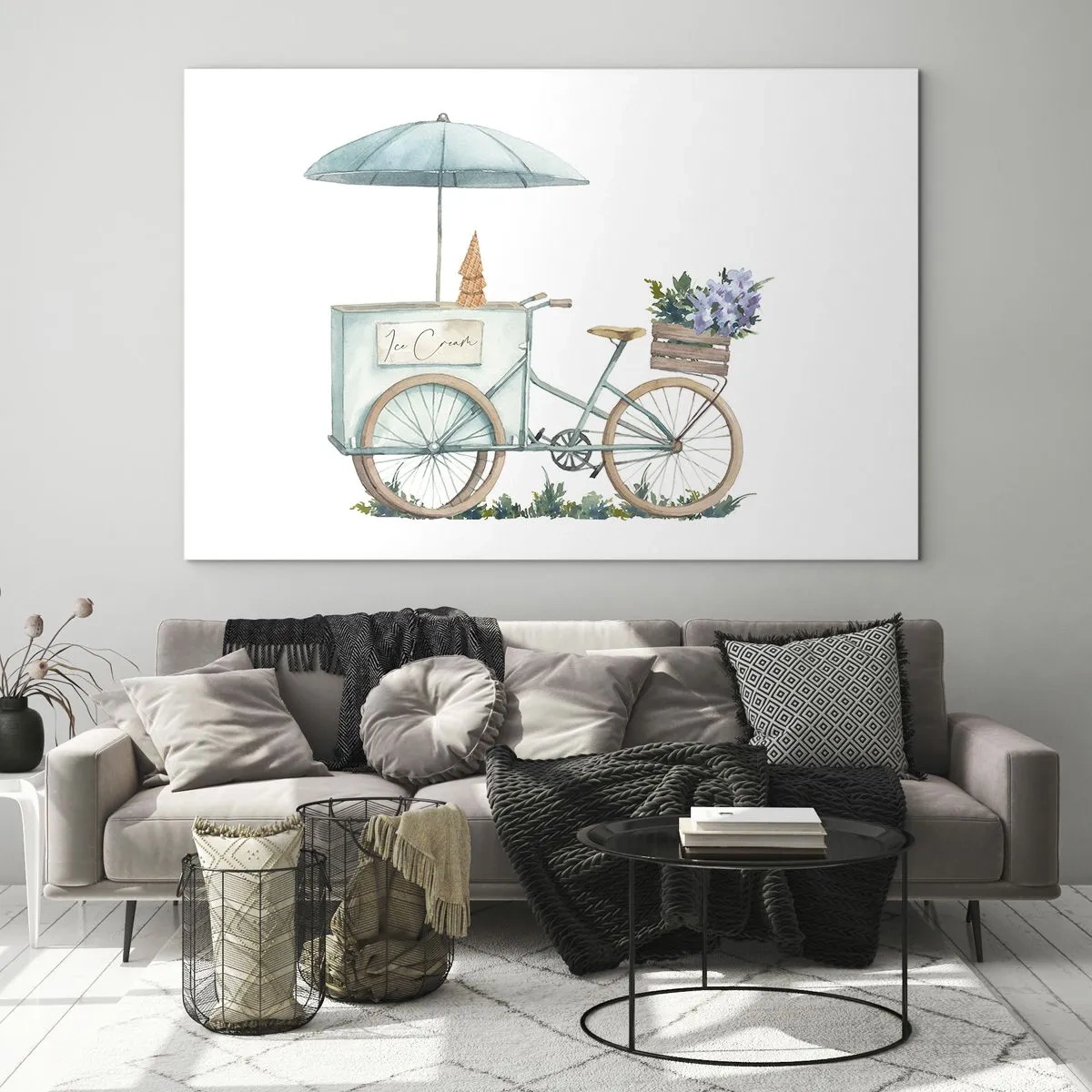 Billede på glas - En cykel med is og pastelblomster - 70x50cm - Sødt minde om sommeren - Moderne vægdekoration til stue og soveværelse ARTTOR