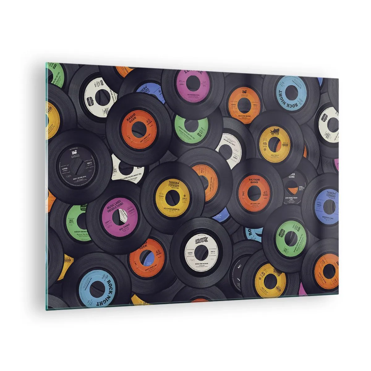 Billede på glas - Farverige vinylplader på en sort baggrund - 70x50cm - Farver fra klassikerne - Moderne vægdekoration til stue og soveværelse ARTTOR