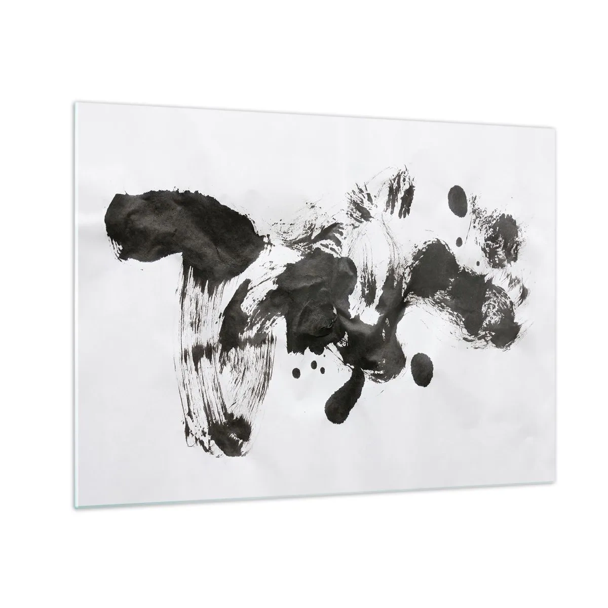 Billede på glas - Abstrakt sort plet og penselstrøg på en hvid baggrund - 70x50cm - En metode i galskaben? - Moderne vægdekoration til stue og soveværelse ARTTOR