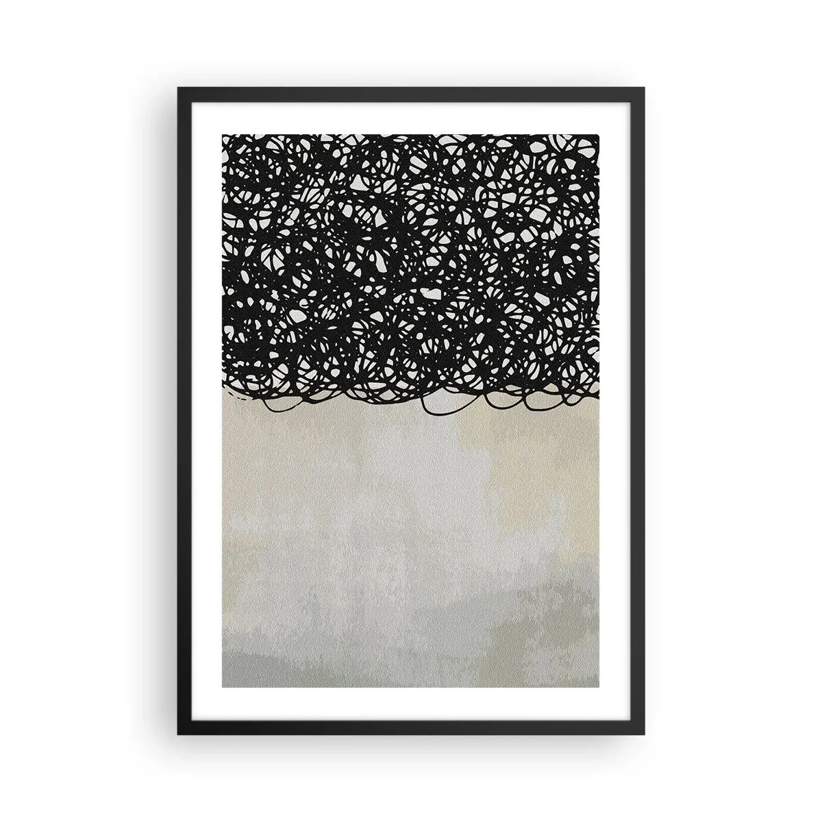 Plakat i sort ramme - Abstrakt komposition med sorte linjer på en lys baggrund - 50x70cm - En hvirvlende abstraktion - Moderne vægdekoration til stue og soveværelse ARTTOR