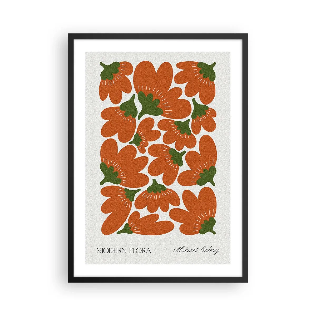 Plakat i sort ramme - Abstrakte orange blomster på en lys baggrund - 50x70cm - Fra en blomsts liv - Moderne vægdekoration til stue og soveværelse ARTTOR