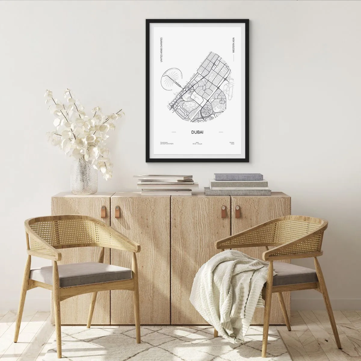 Plakat i sort ramme - Minimalistisk sort-hvidt kort over Dubai - 50x70cm - Dubais anatomi - Moderne vægdekoration til stue og soveværelse ARTTOR