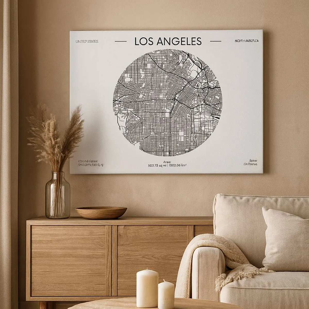 Lærredstryk - Billede på lærred - Et kort over Los Angeles i minimalistisk sort-hvid stil - 70x50cm - Los Angeles' anatomi - Moderne vægdekoration til stue og soveværelse ARTTOR