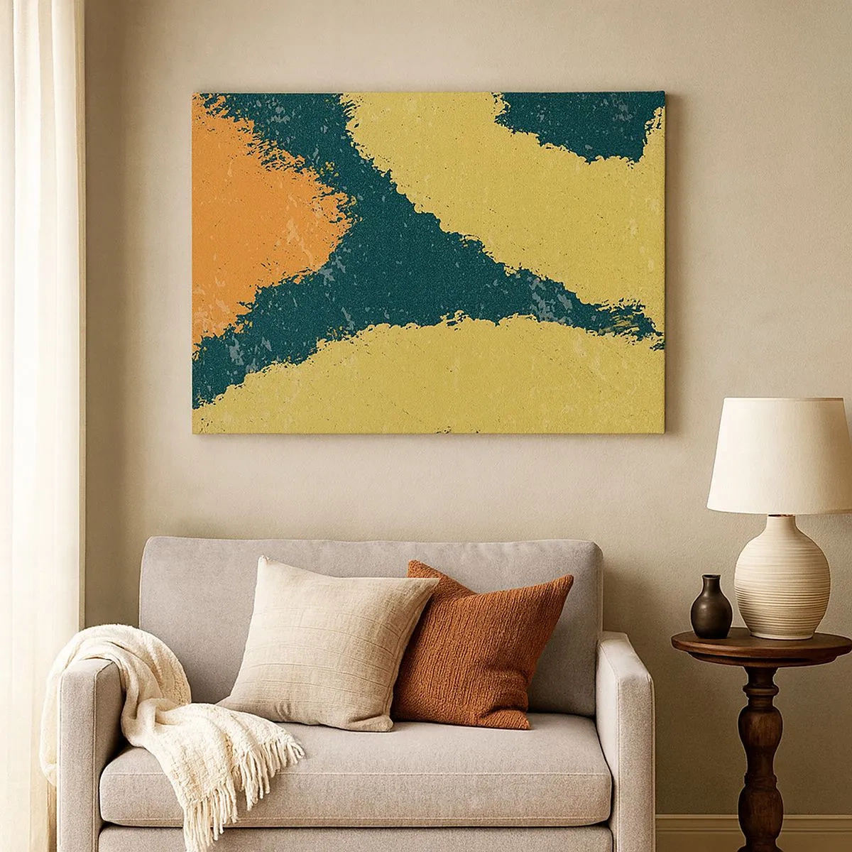 Lærredstryk - Billede på lærred - Abstrakte pletter i jordnære og grønne farver - 70x50cm - Abstraktion - i slowmotion - Moderne vægdekoration til stue og soveværelse ARTTOR