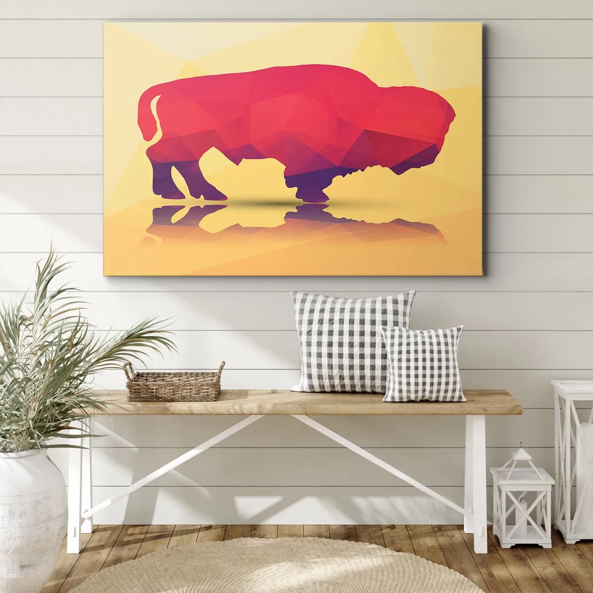 Lærredstryk - Billede på lærred - Geometrisk silhuet af en bison i nuancer af rød og lilla - 70x50cm - Bisonens amarantstyrke - Moderne vægdekoration til stue og soveværelse ARTTOR