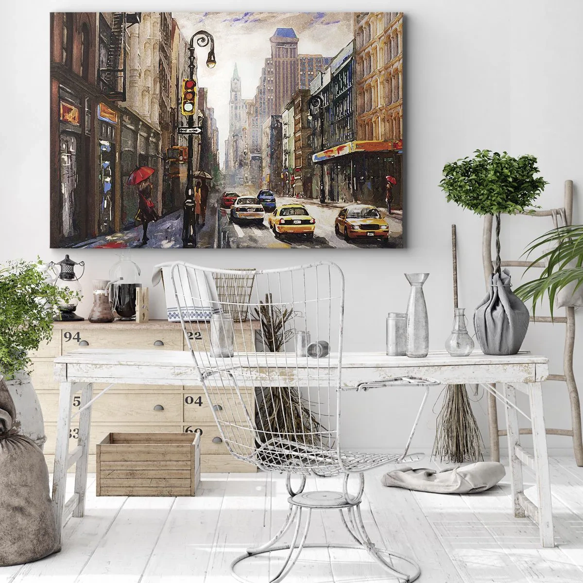 Lærredstryk - Billede på lærred - Bylandskab med en gade og gule taxaer - 70x50cm - New York - også farverig i regnvejr - Moderne vægdekoration til stue og soveværelse ARTTOR