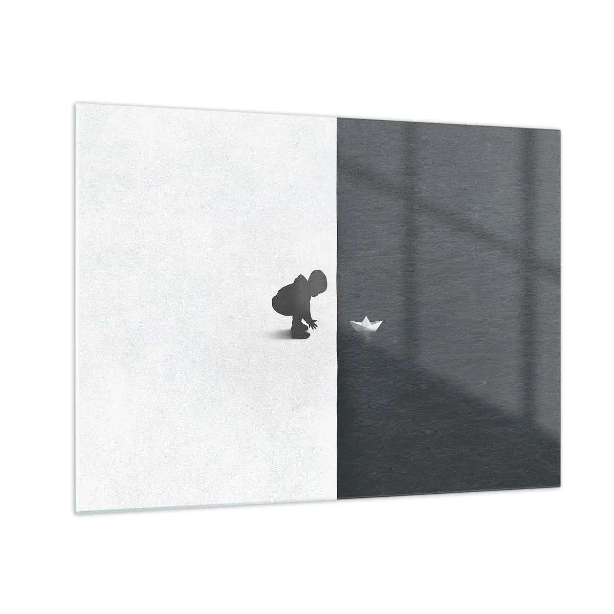Billede på glas - Silhuet af et barn, der søsætter en papirbåd i vandet - 70x50cm - Stor ekspedition - Moderne vægdekoration til stue og soveværelse ARTTOR
