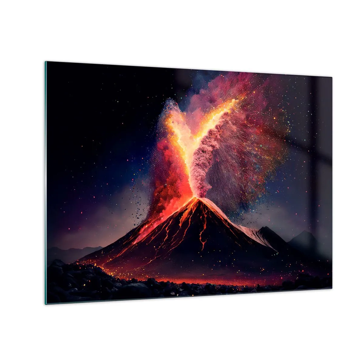 Billede på glas - En udbrudt vulkan med lava og en farverig støvsky - 70x50cm - Skønhed og rædsel - Moderne vægdekoration til stue og soveværelse ARTTOR
