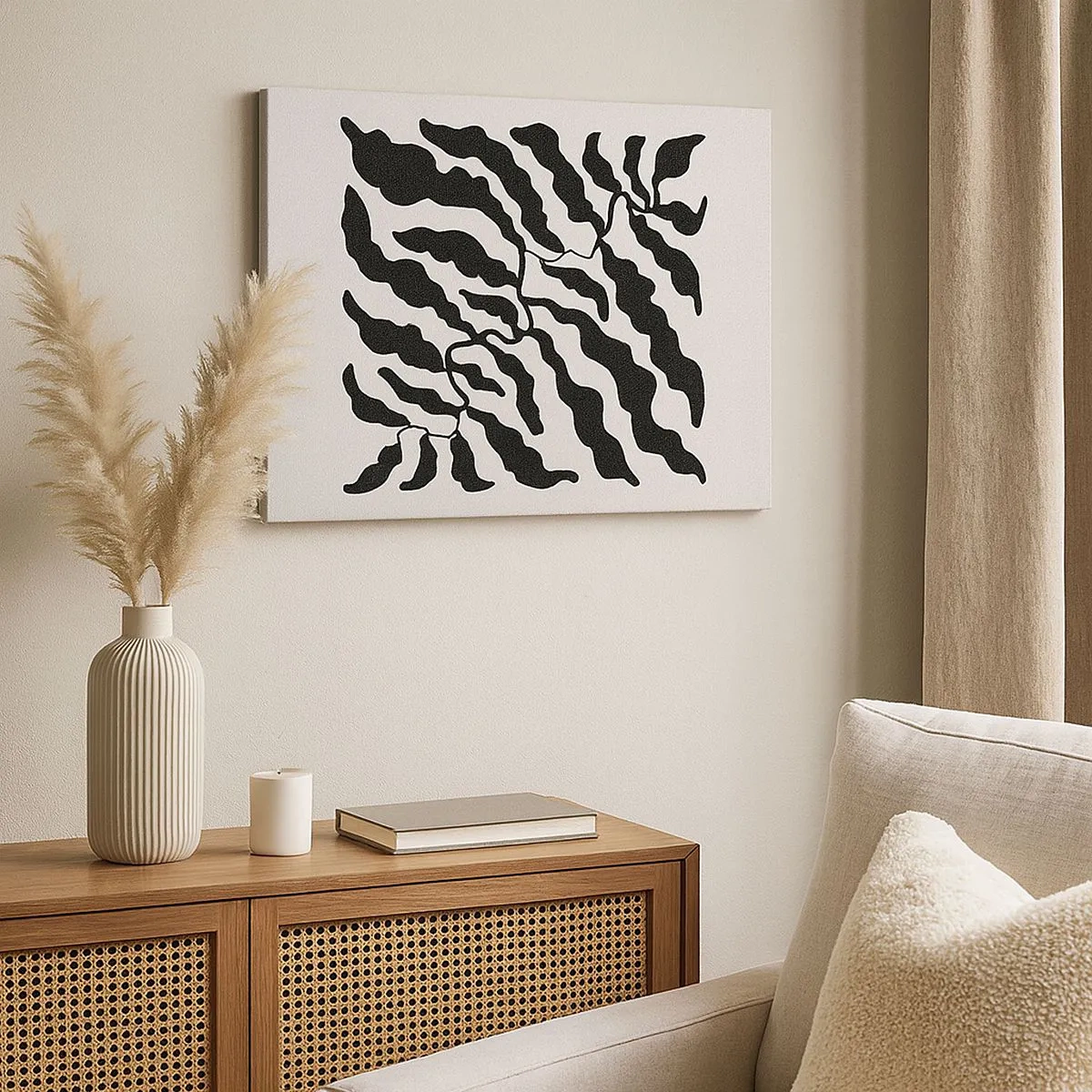 Lærredstryk - Billede på lærred - Kviste med blade i sort på en lys baggrund - 70x50cm - En firkants natur - Moderne vægdekoration til stue og soveværelse ARTTOR