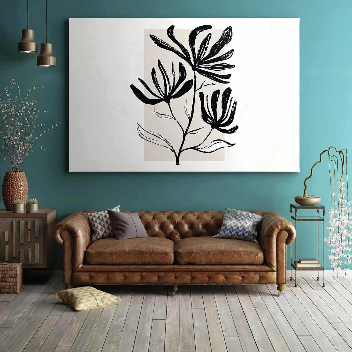 Lærredstryk - Billede på lærred - Minimalistisk sort-hvidt blomstermotiv - 70x50cm - Skitse til et herbarium - Moderne vægdekoration til stue og soveværelse ARTTOR