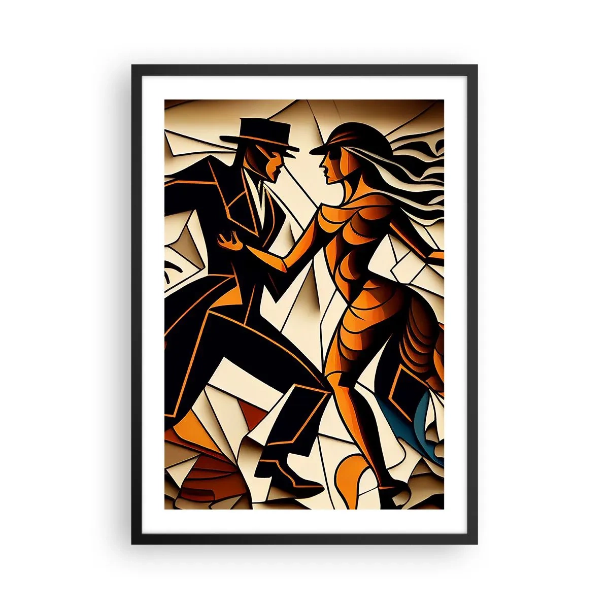 Plakat i sort ramme - Et dynamisk par, der danser tango i kubistisk stil. - 50x70cm - Dans af lidenskab og passion - Moderne vægdekoration til stue og soveværelse ARTTOR