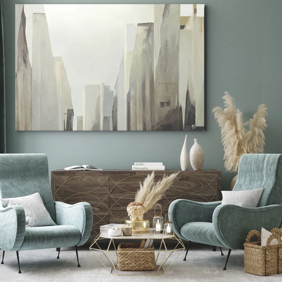 Lærredstryk - Billede på lærred - Abstrakt bybillede i pastelfarver - 70x50cm - En drøm om byen - Moderne vægdekoration til stue og soveværelse ARTTOR