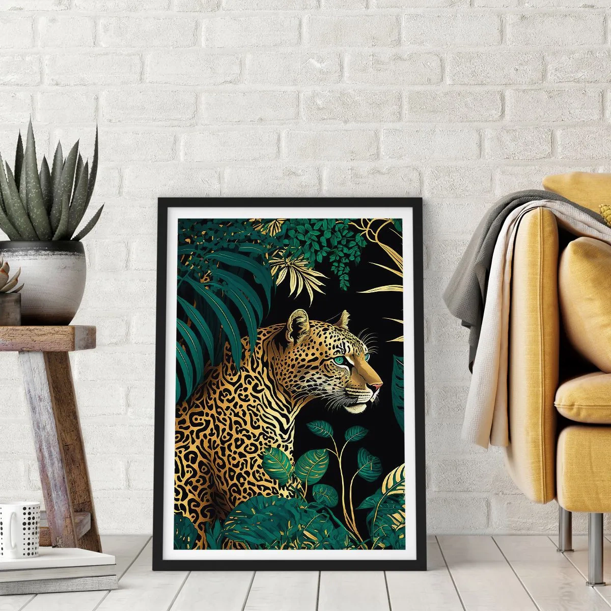Plakat i sort ramme - Gylden leopard i den tropiske jungle - 50x70cm - Værten i junglen - Moderne vægdekoration til stue og soveværelse ARTTOR