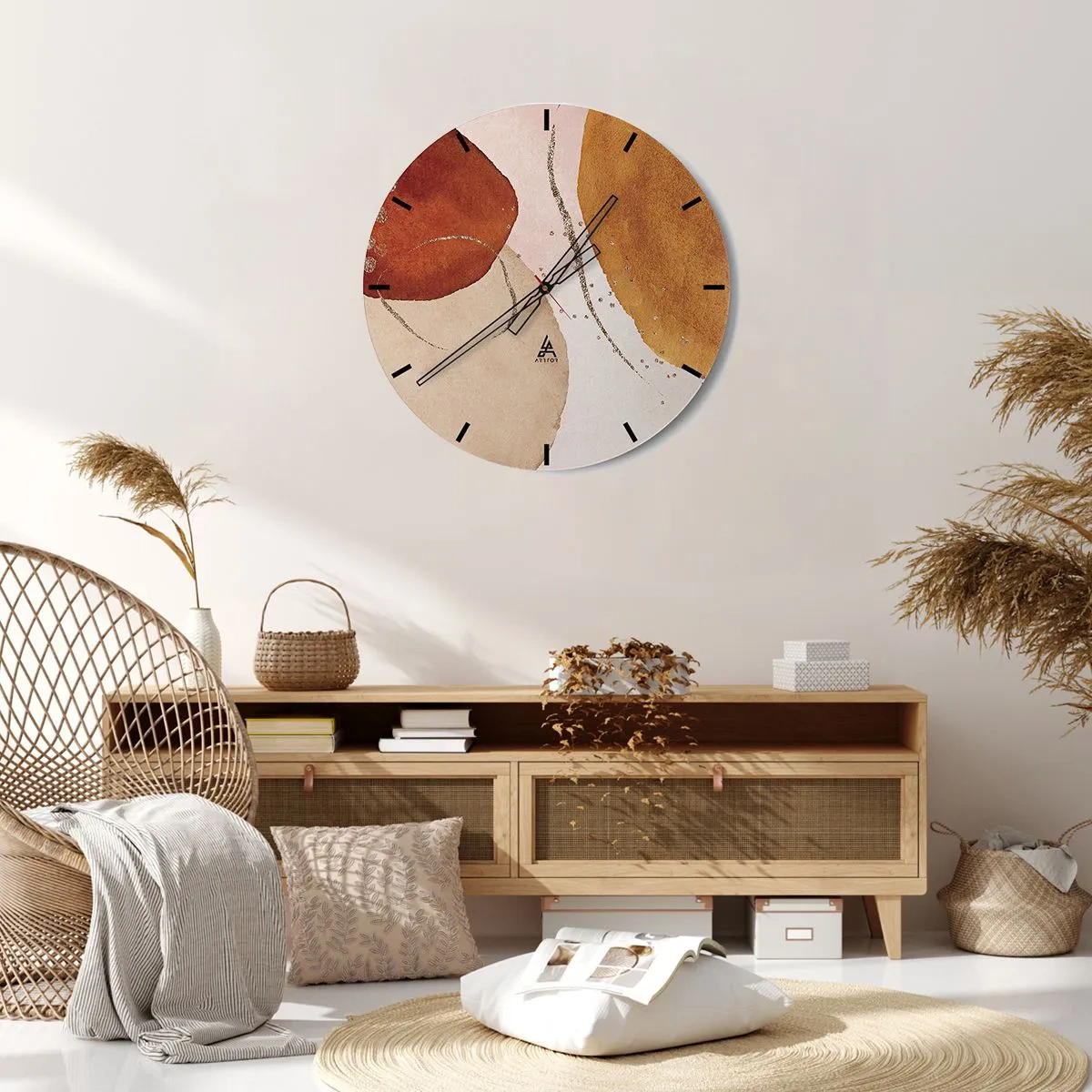 Vægur, Uret - Abstrakt komposition med jordfarvede pletter - 30x30cm - Rundhed og bevægelse - Moderne vægdekoration til stue, køkken og soveværelse ARTTOR