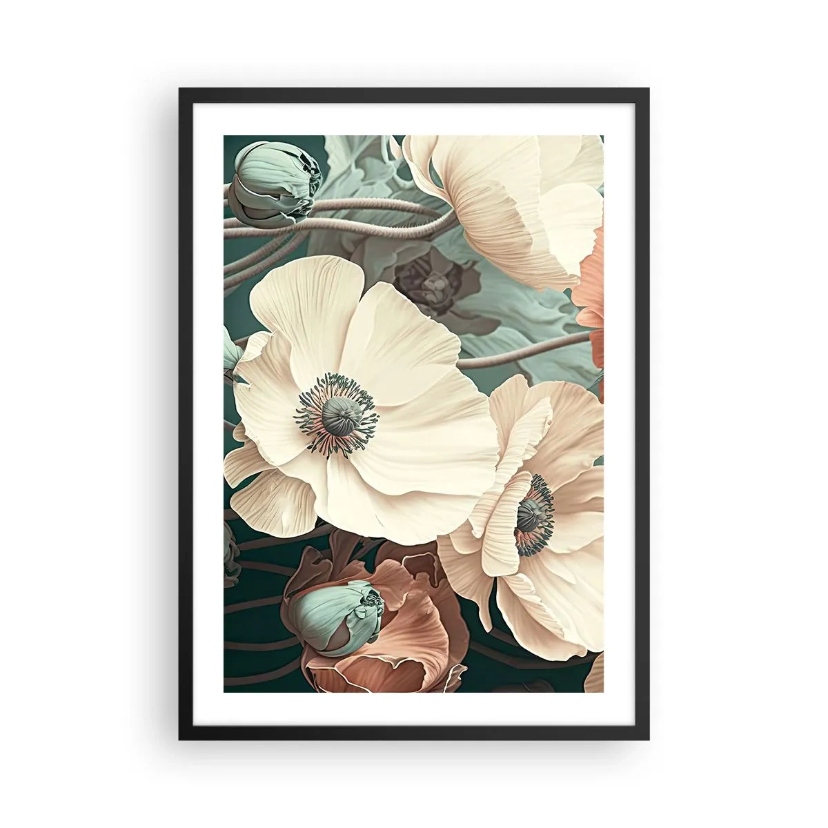 Plakat i sort ramme - Delikate blomster i pastelfarver på en mørk baggrund - 50x70cm - Valmuernes hvisken - Moderne vægdekoration til stue og soveværelse ARTTOR