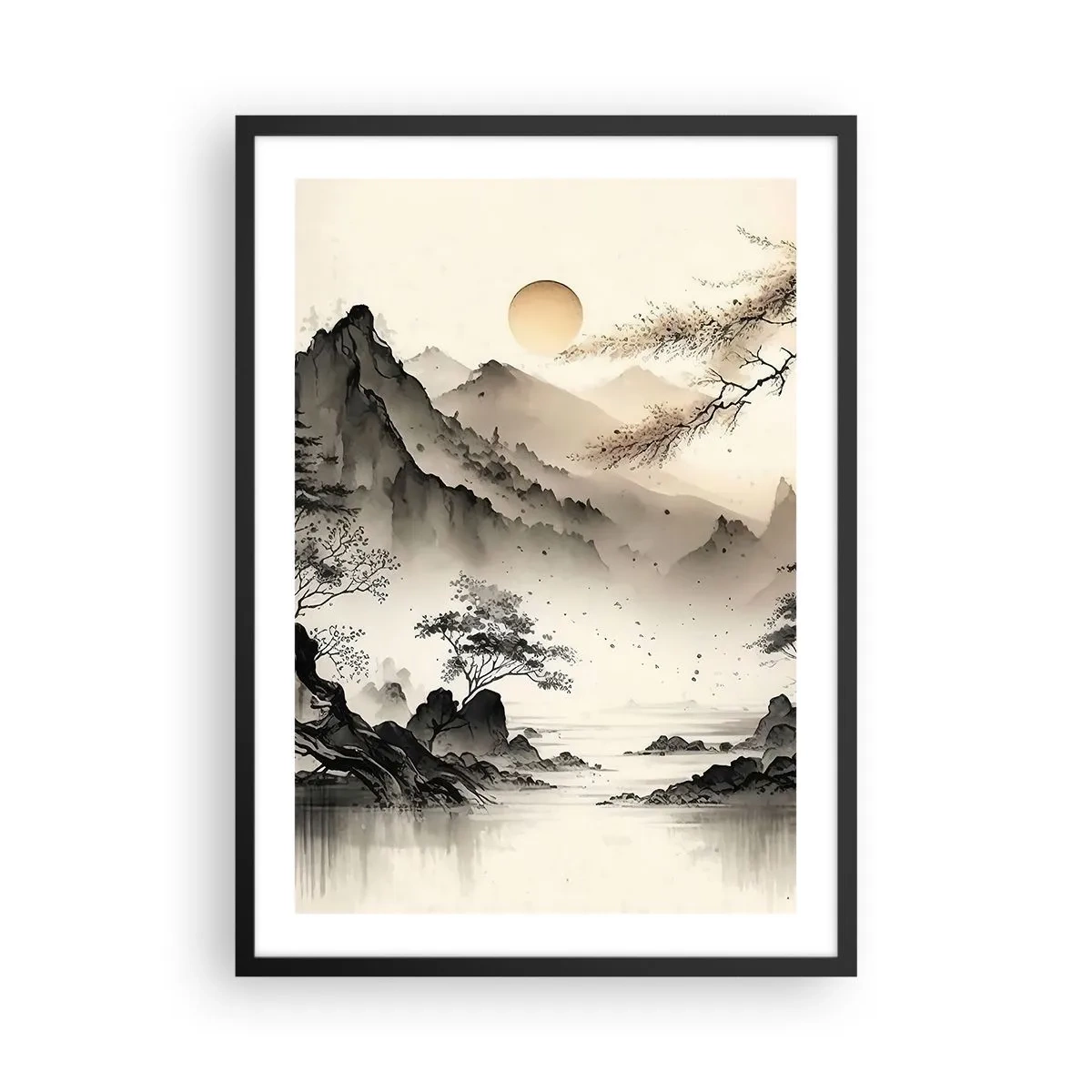 Plakat i sort ramme - Et minimalistisk bjerglandskab i japansk stil - 50x70cm - Orientens unikke charme - Moderne vægdekoration til stue og soveværelse ARTTOR