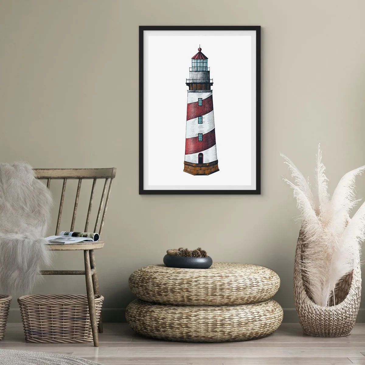 Plakat i sort ramme - Illustration af fyrtårn i klassisk stil - 50x70cm - Altid på vagt - Moderne vægdekoration til stue og soveværelse ARTTOR