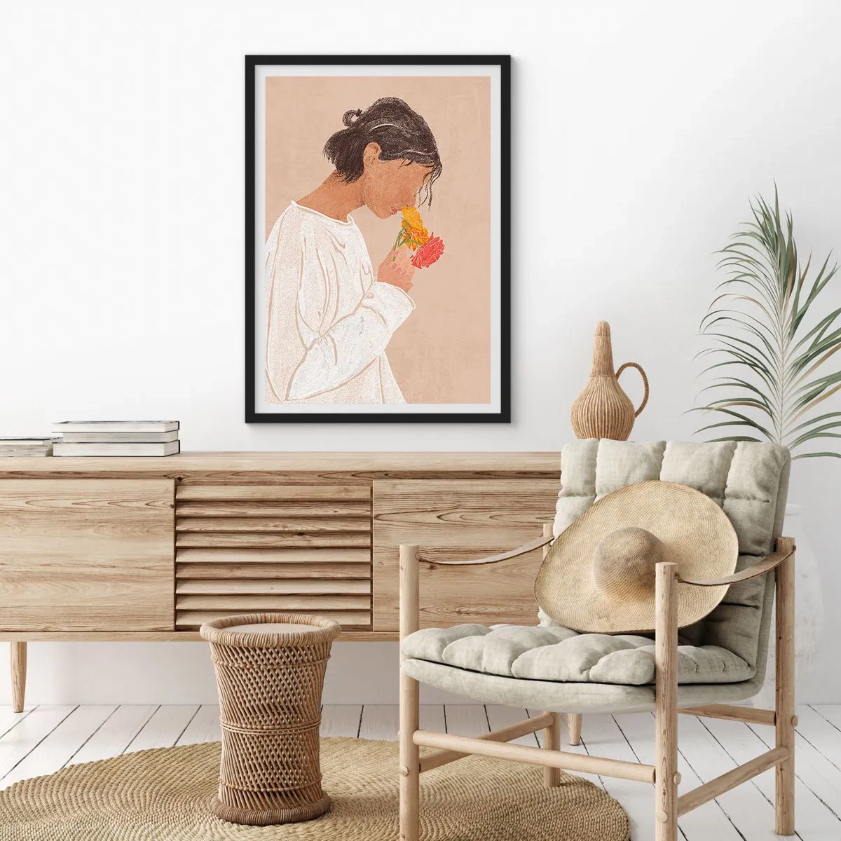 Plakat i sort ramme - En kvinde i hvidt, der reflekterer over blomster - 50x70cm - Pige og blomster - Moderne vægdekoration til stue og soveværelse ARTTOR