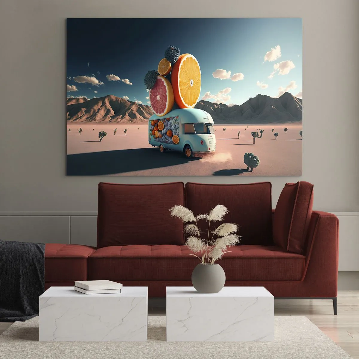 Billede på glas - En turkis campingvogn med frugt mod et ørkenlandskab - 70x50cm - En smag af ferie - Moderne vægdekoration til stue og soveværelse ARTTOR