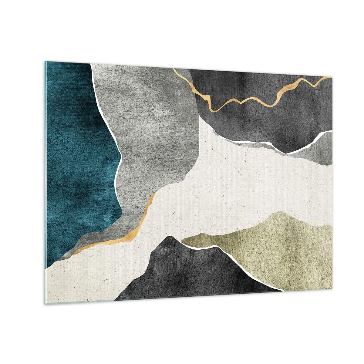 Billede på glas - Abstrakt mosaik med organiske former og en gylden linje - 70x50cm - Mosaikkomposition med en streng af guld - Moderne vægdekoration til stue og soveværelse ARTTOR