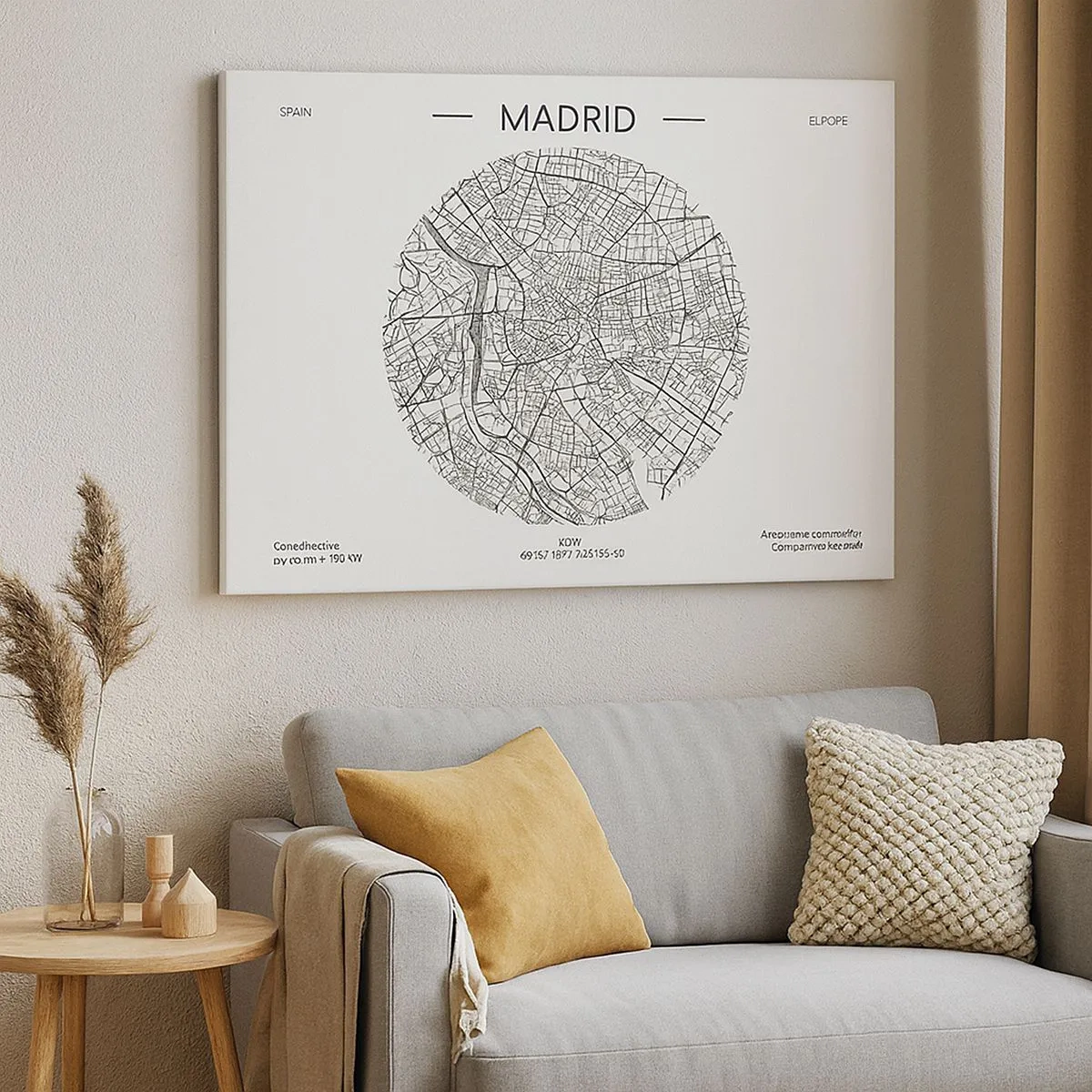 Lærredstryk - Billede på lærred - Kort over Madrid i minimalistisk sort-hvid stil - 70x50cm - Madrids anatomi - Moderne vægdekoration til stue og soveværelse ARTTOR