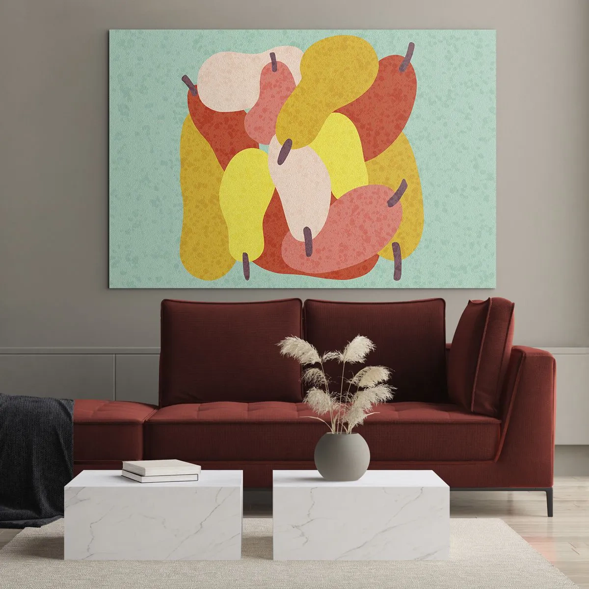 Billede på glas - Farverige pærer i grafisk stil på turkis baggrund - 70x50cm - Smag på sommersolen - Moderne vægdekoration til stue og soveværelse ARTTOR